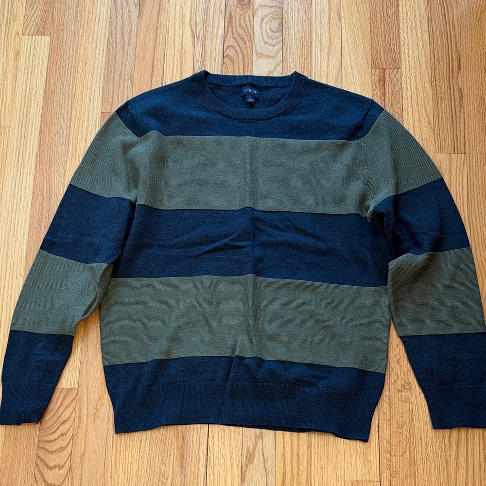 J. Crew Men's Crewneck Sweater - Blue and Green Stripes.  Large.